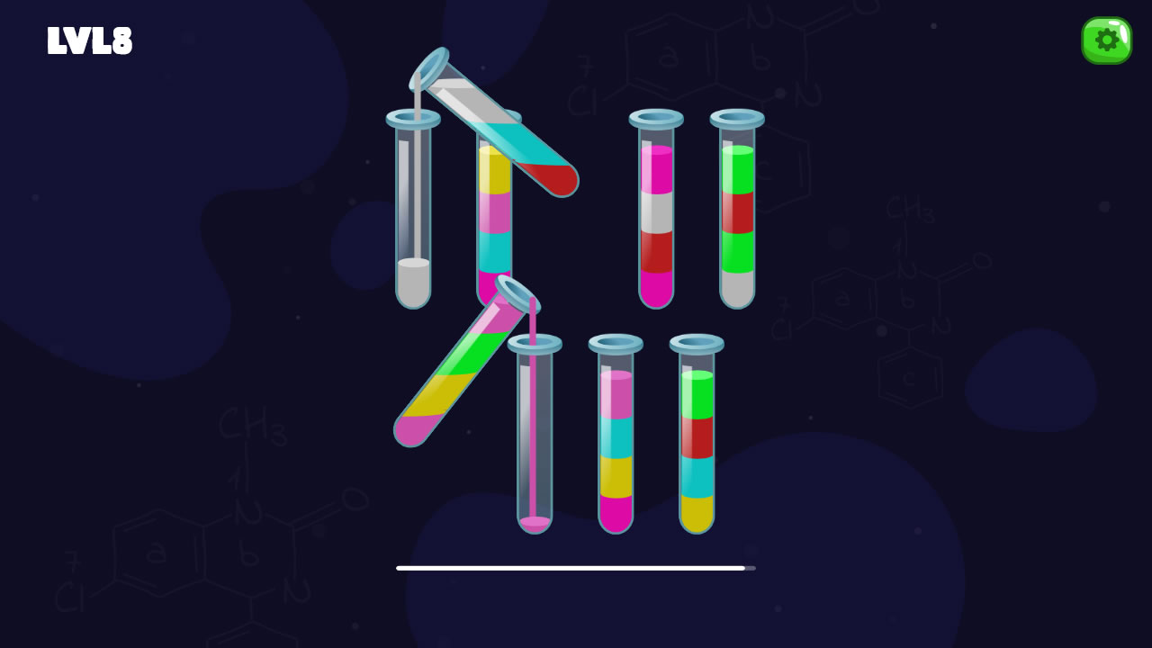 Liquid Sort level 8 with coloured liquid being poured between test tubes