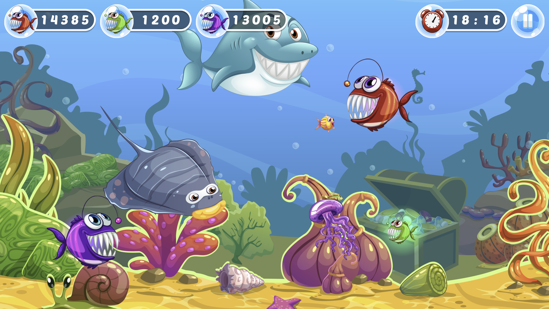Mad Fish gameplay with three player fish swimming near larger sea creatures