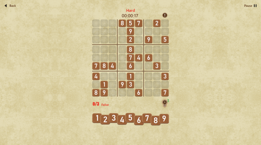 Master Sudoku hard 9x9 puzzle with number controls, timer and three hints