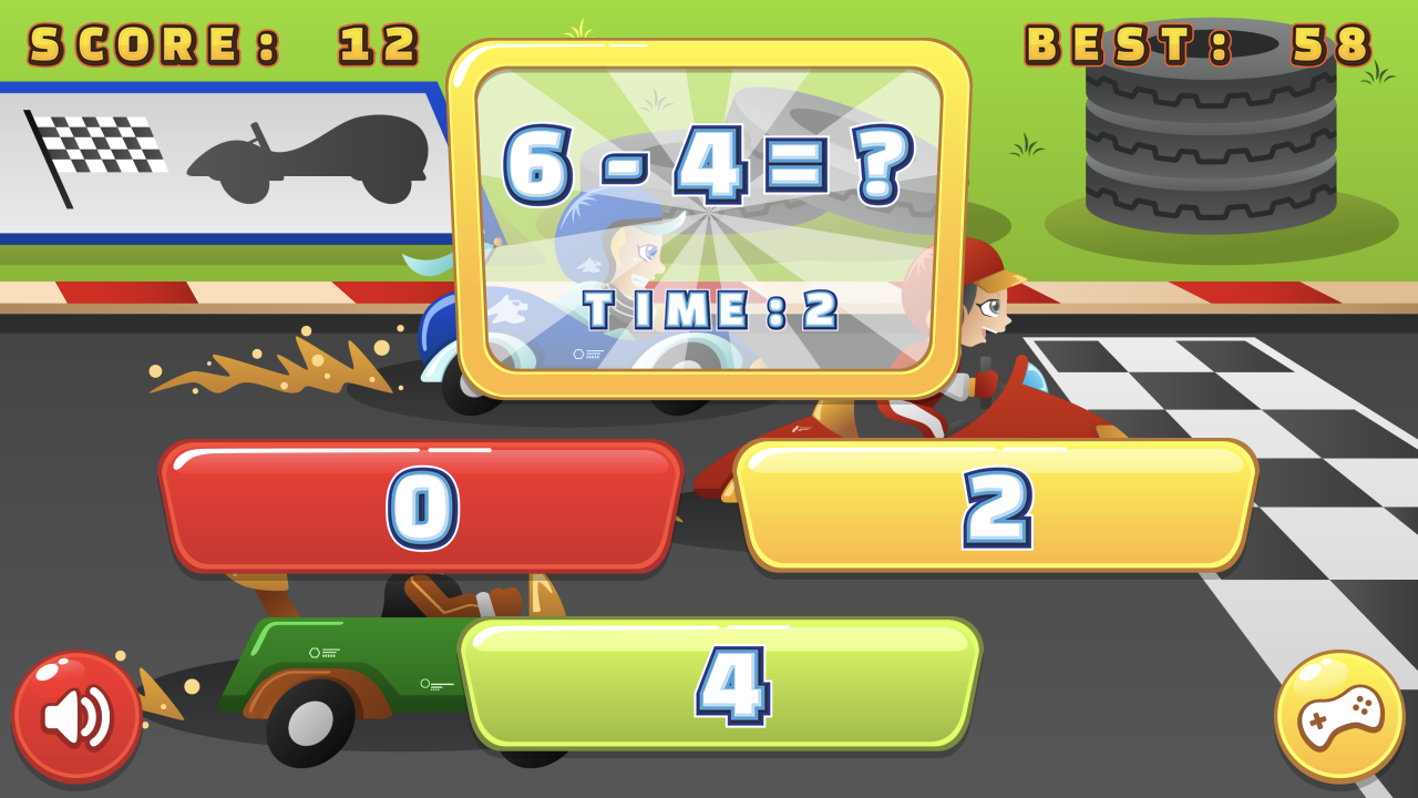 Math Game For Kids 2 subtraction question 6 - 4 with answer buttons 0, 2 and 4 on a cartoon racetrack