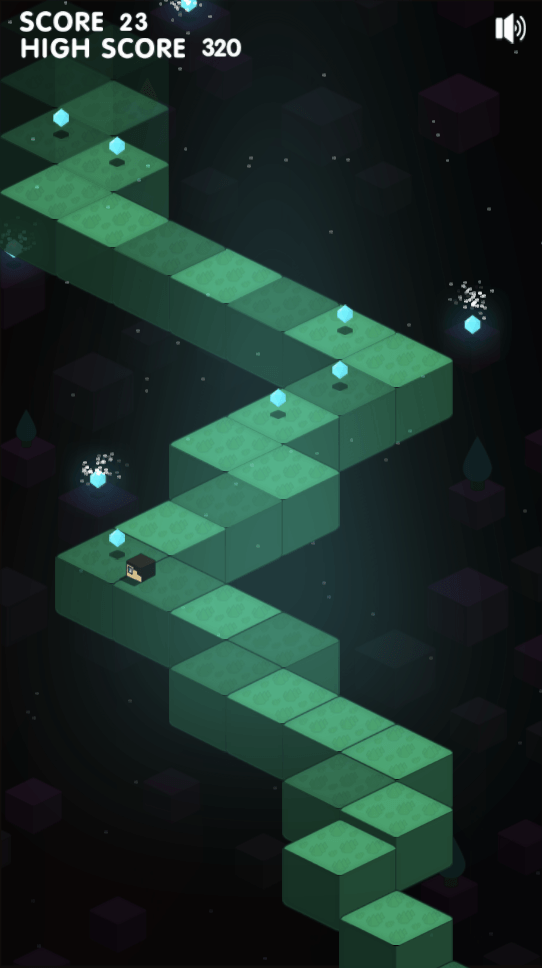 Mine Rusher block following the winding green path toward cyan diamonds