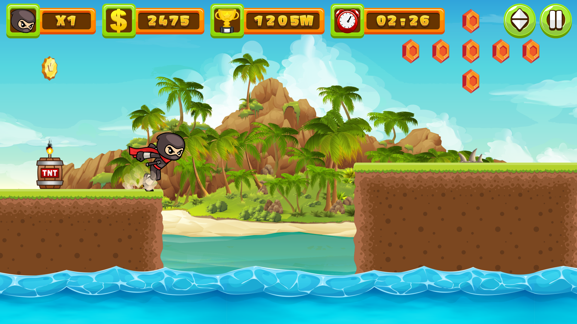 Ninja Run New ninja jumping toward the next island platform with red jewels ahead