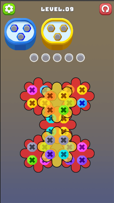 Screw Spin level 9 with layered flower pieces and colored screws