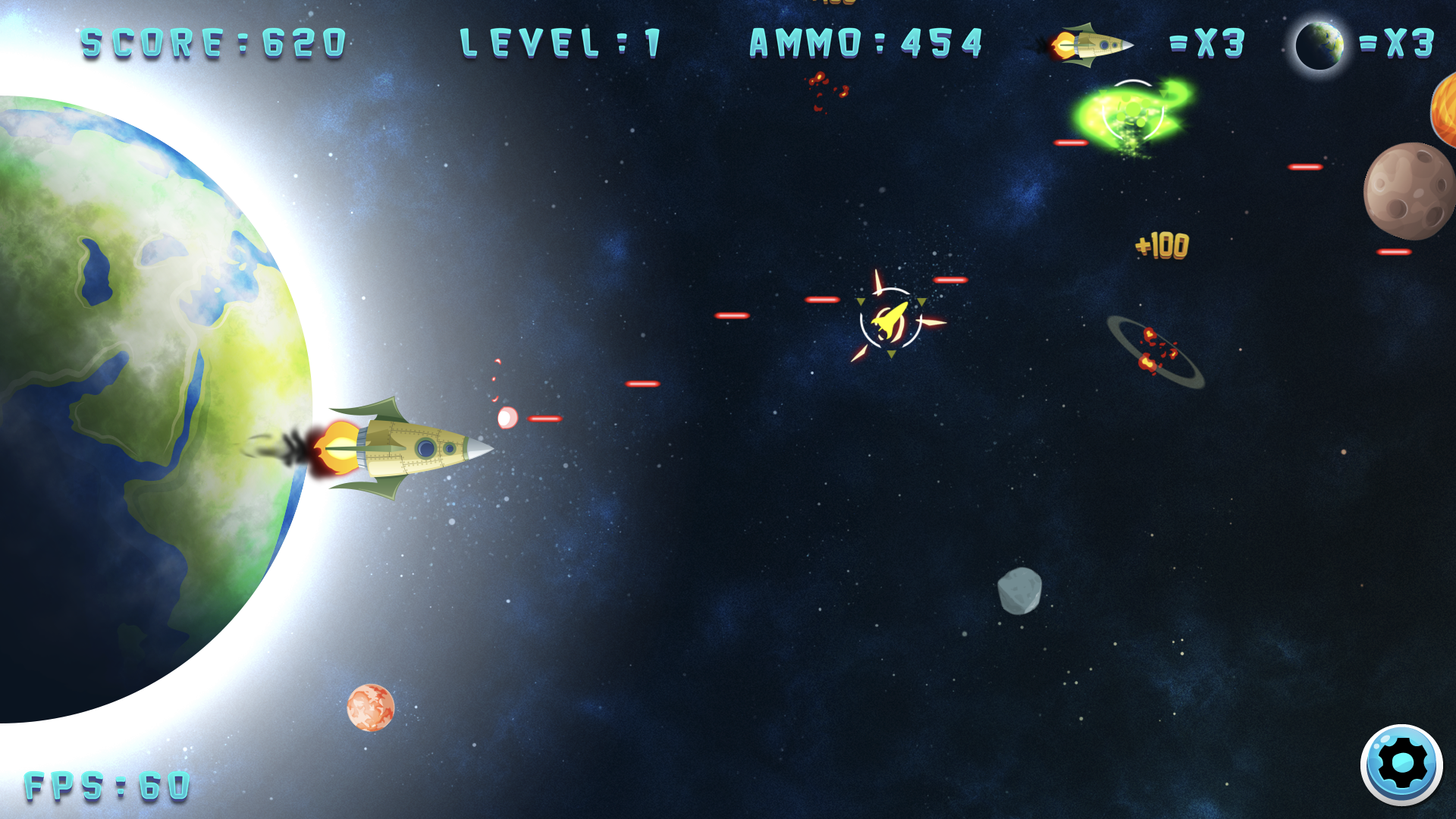Space Purge level 1 with a spaceship firing at threats approaching Earth