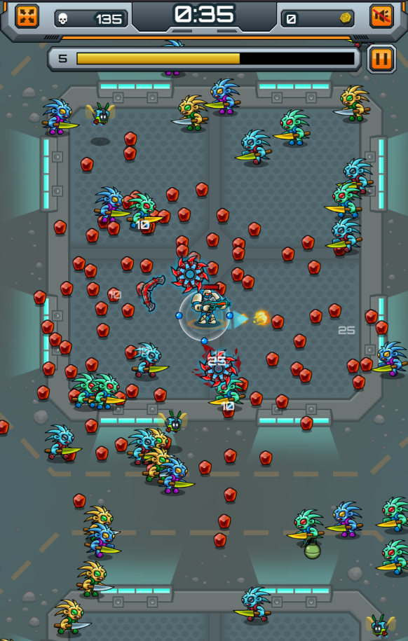 Space Survivor soldier surrounded by aliens and red experience gems