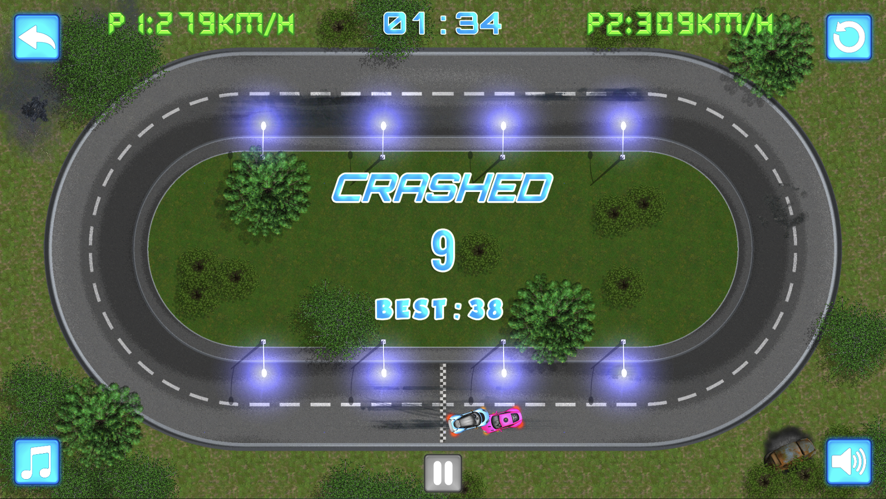 Speed Racer crash screen with two cars colliding on the oval track