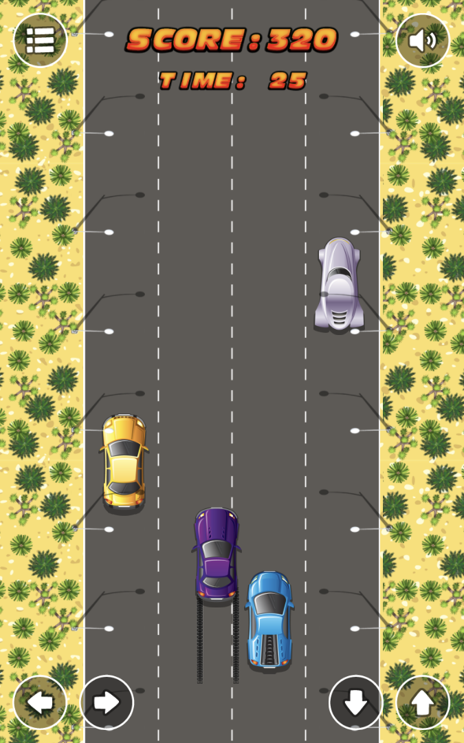 Speed Racer 2 traffic on a four-lane desert highway with on-screen steering and speed controls