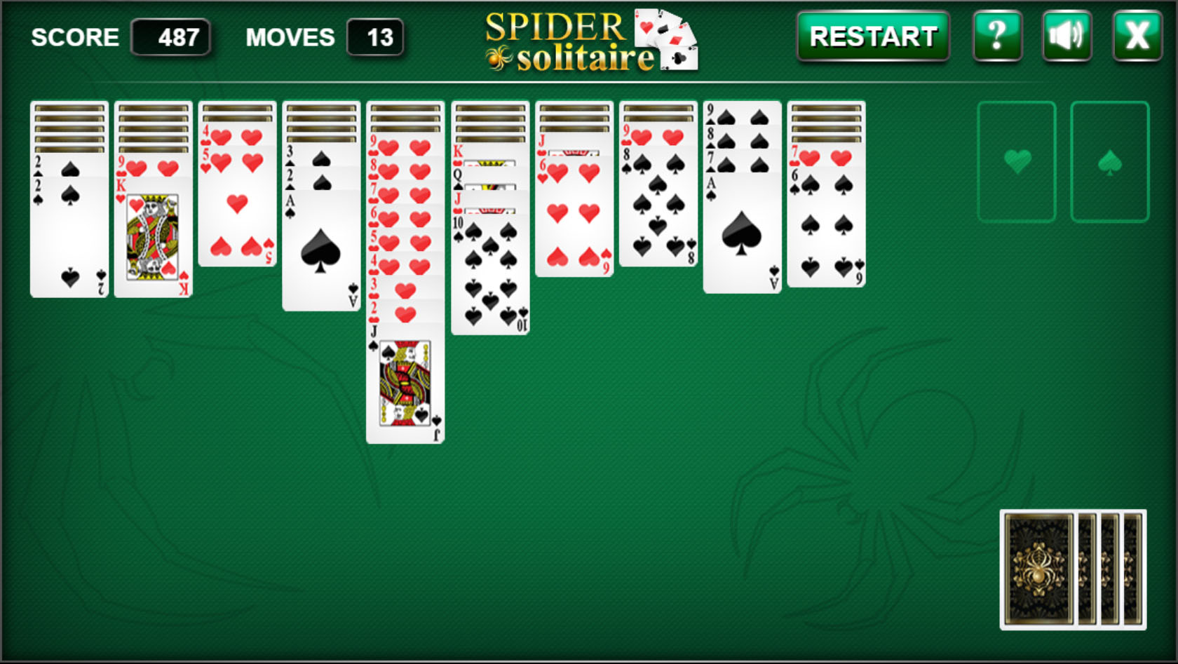Spider Solitaire table showing heart and spade columns after 13 moves
