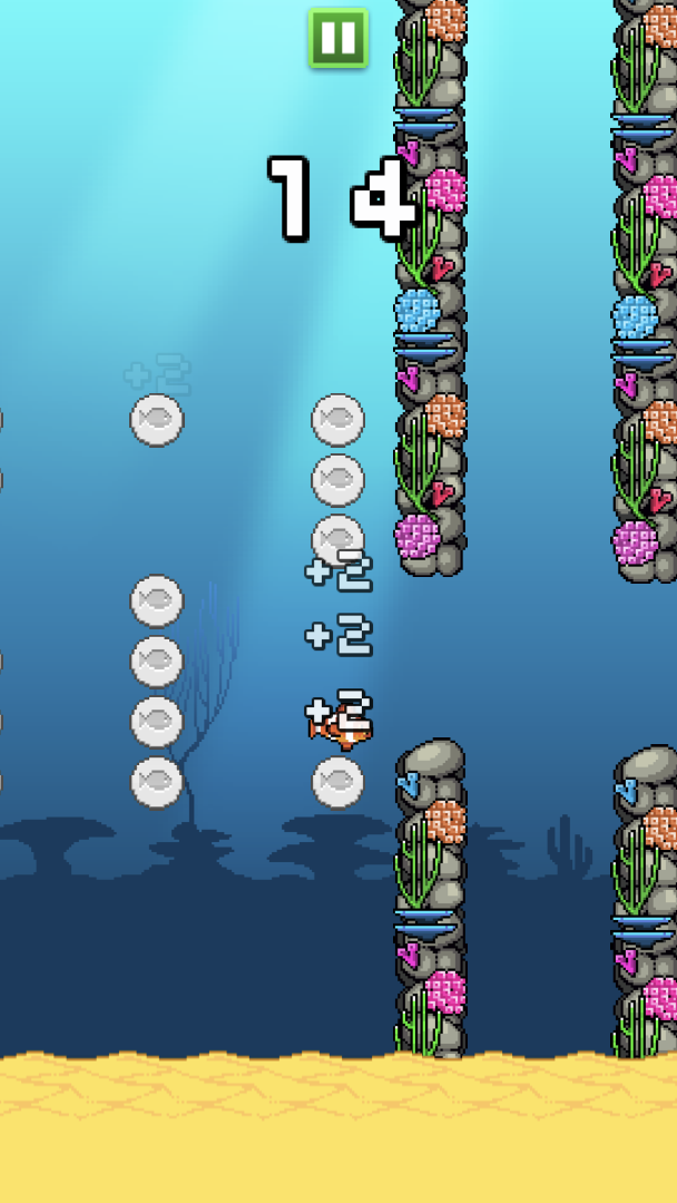 Splishy Fish swimming among silver coins beside gaps between coral-covered pillars