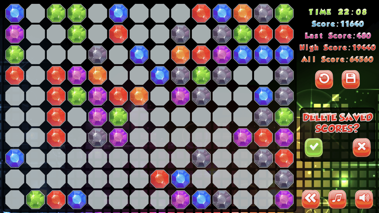 Super Color Lines board filled with colorful gems and saved score controls
