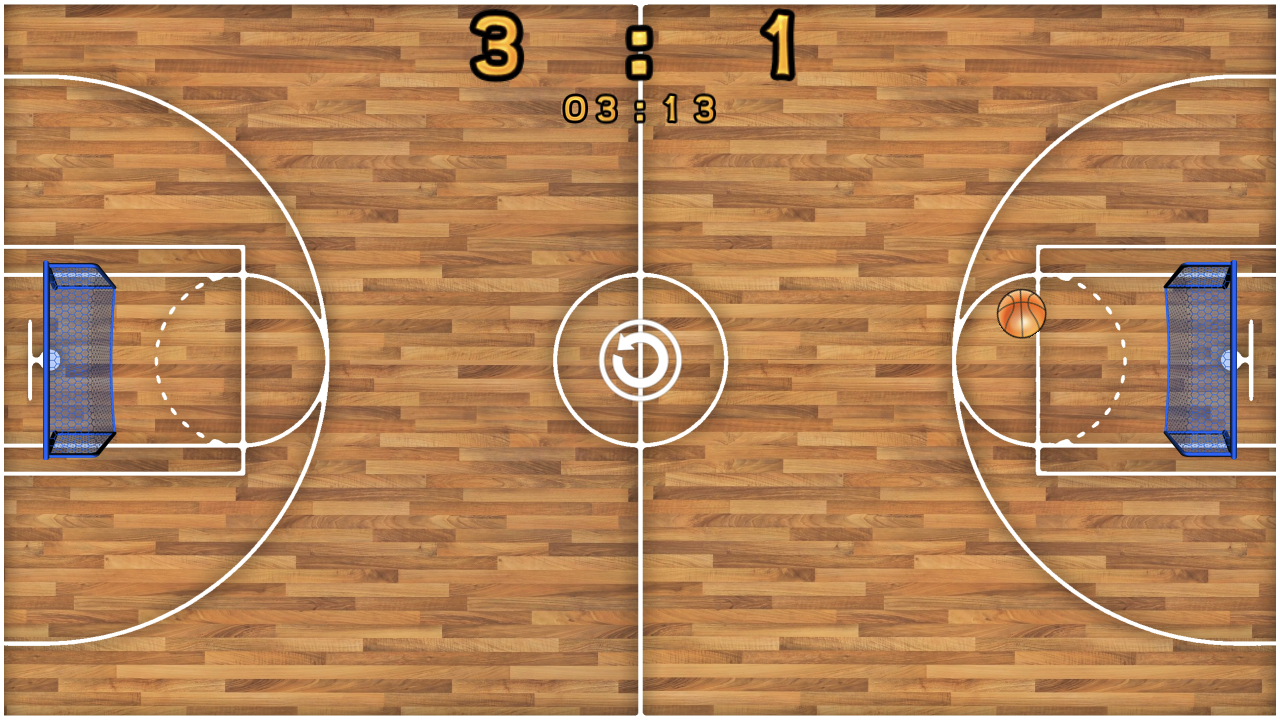 Super PonGoal with two blue goal paddles and a basketball on a wooden court, showing a 3-1 score