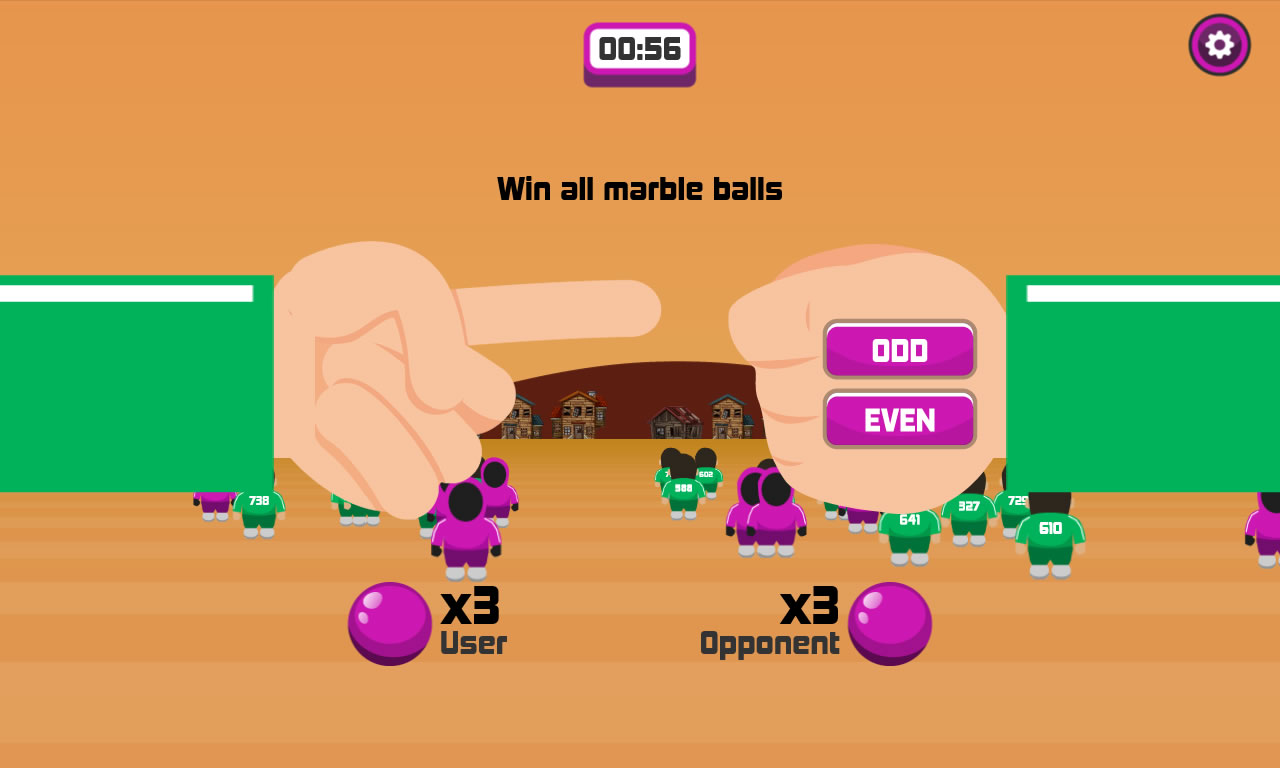 Survival Game marbles round with Odd and Even buttons and three marbles for each side