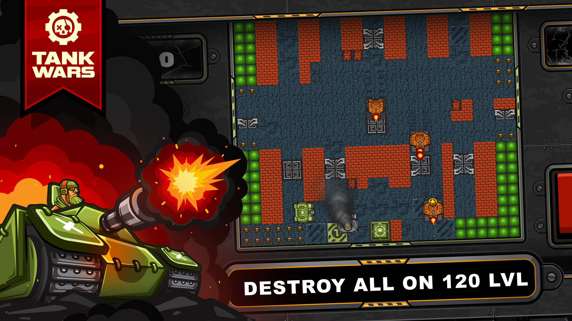 Tank Wars battlefield with tanks firing between brick walls