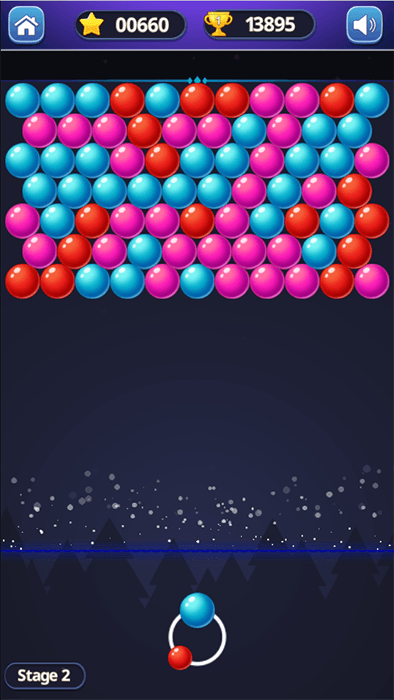 Tingly Bubble Shooter gameplay with red, blue and pink bubbles above the launcher