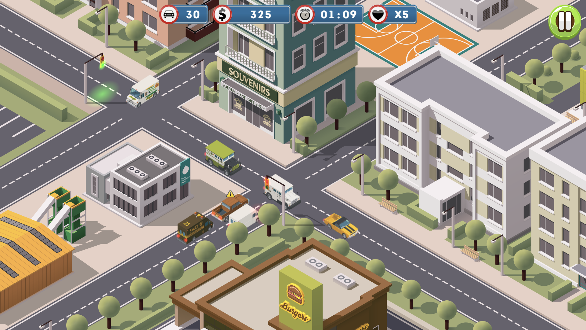 Traffic Command city intersections with red and green traffic lights, cars and trucks