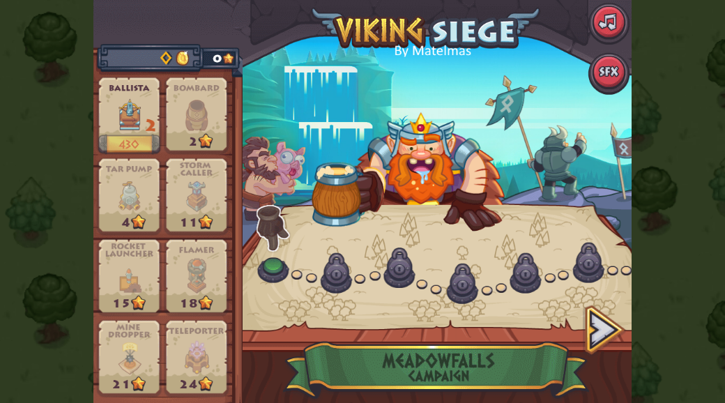 Viking Siege campaign map with the Viking king and tower upgrade shop