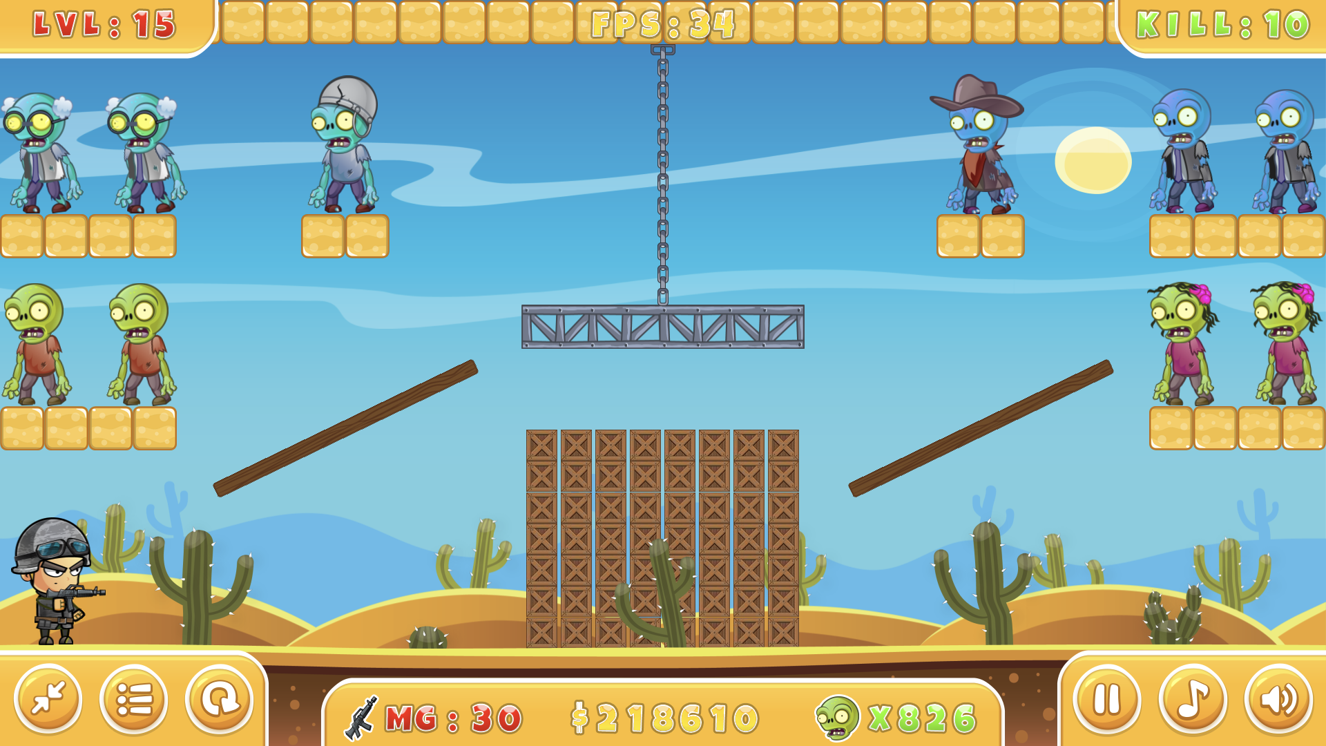 Zombie Shooter level 15 with zombies on platforms, wooden crates and a hanging metal beam