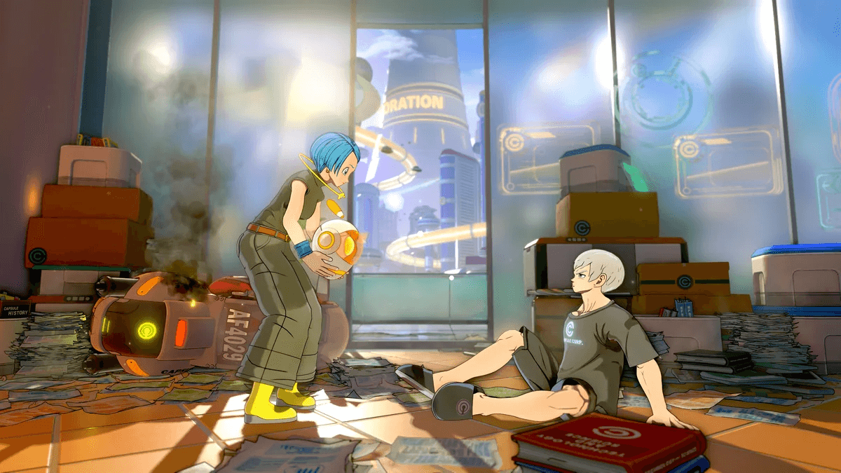 Bulma holding a spherical device beside a white-haired character inside a Capsule Corporation room