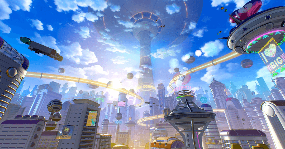 West City in Dragon Ball Xenoverse 3, with Capsule Corporation buildings and elevated transit lines