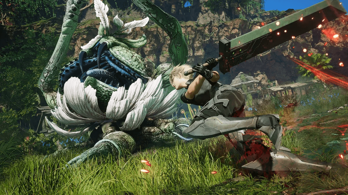 Cloud attacking a large plant creature in Final Fantasy VII Revelation
