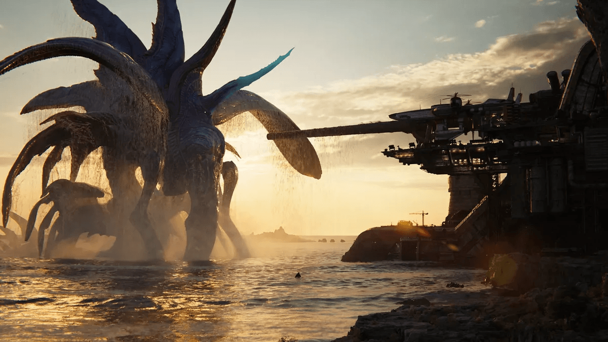 A giant creature facing an industrial installation at sea in Final Fantasy VII Revelation