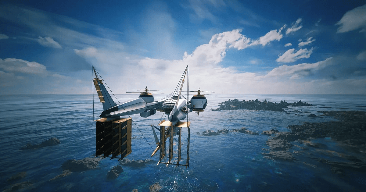 The Highwind flying above the ocean in Final Fantasy VII Revelation