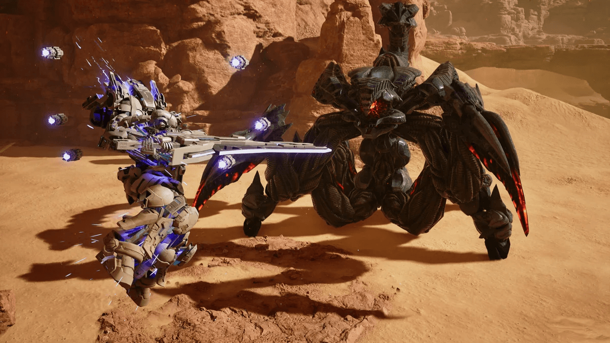 Gundam Helix fighting an Apocalypse creature in a desert zone in Gundam Rogue Orbit