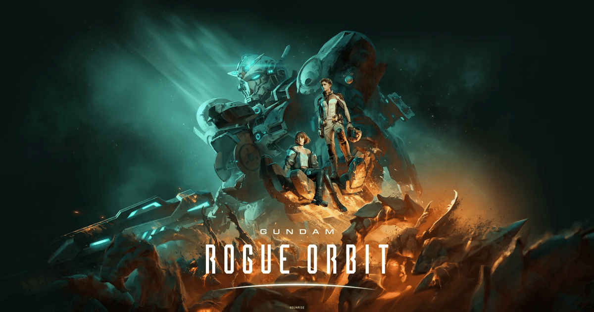Official Gundam Rogue Orbit key art showing two characters in front of the Gundam Helix