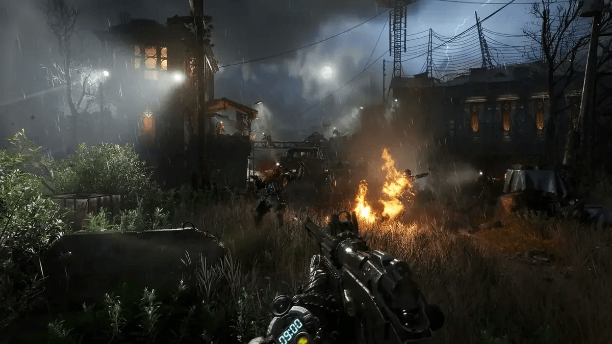 First-person combat at night in an official Metro 2039 gameplay screenshot