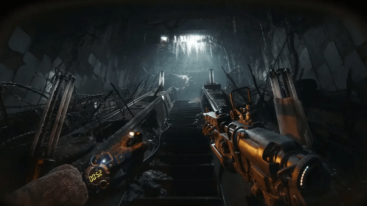 A first-person view inside a ruined Metro 2039 tunnel