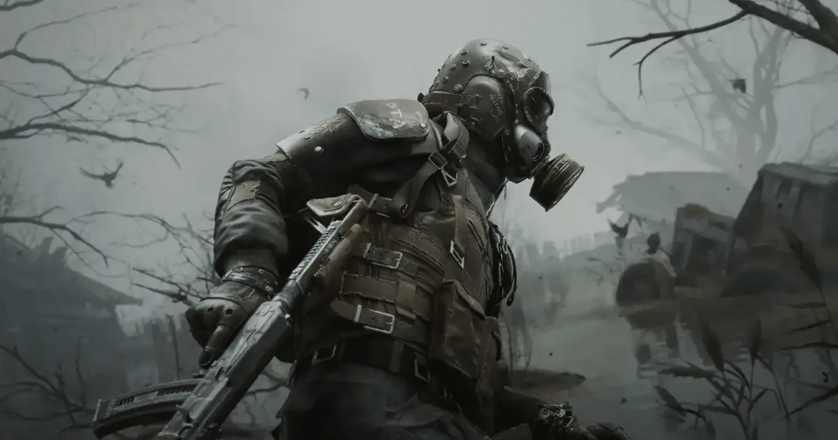 The Stranger wearing a gas mask in an official Metro 2039 screenshot