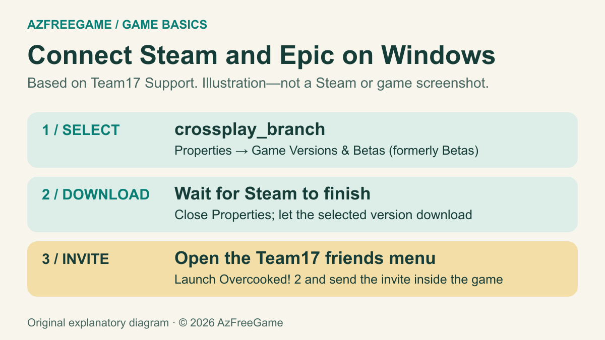 Team17's setup steps: select crossplay_branch in Steam, wait for the download, then invite through the in-game Team17 friends menu