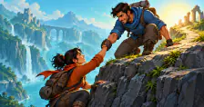 Original illustration of one adventurer helping a teammate climb a ledge toward their shared path.