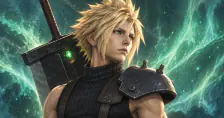 Original editorial illustration of Cloud Strife with the Buster Sword and glowing materia.