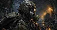 Original editorial illustration of a gas-masked Metro survivor against a receding underground tunnel.
