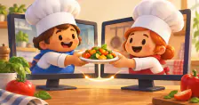Original illustration of two cheerful chefs cooperating across two connected computer screens.