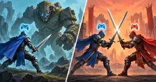 Original comparison illustration showing a solo hero facing a monster on one side and two player heroes duelling on the other.