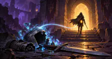 Original illustration of a fallen adventurer's gear dissolving beside a new attempt carrying a lasting upgrade.