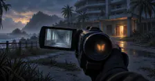 Original atmospheric illustration of a ghost-hunting camcorder facing an abandoned island resort at dusk.