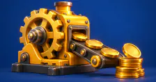 Original illustration of a small automated machine producing gold coins on a conveyor.