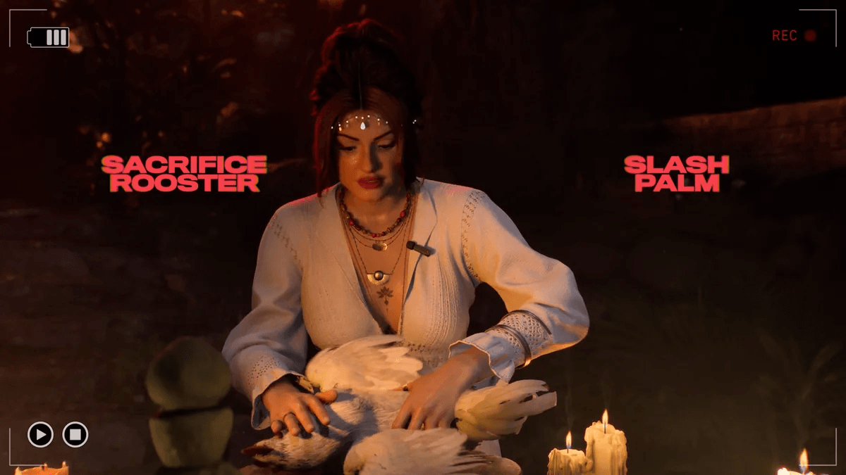 A ritual choice between sacrificing a rooster and cutting a character's palm in Until Dawn 2