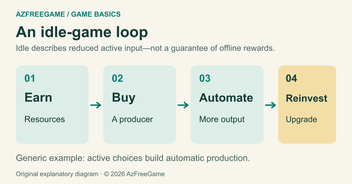 An illustrative idle-game loop: earn resources, buy a producer, automate output and reinvest in upgrades